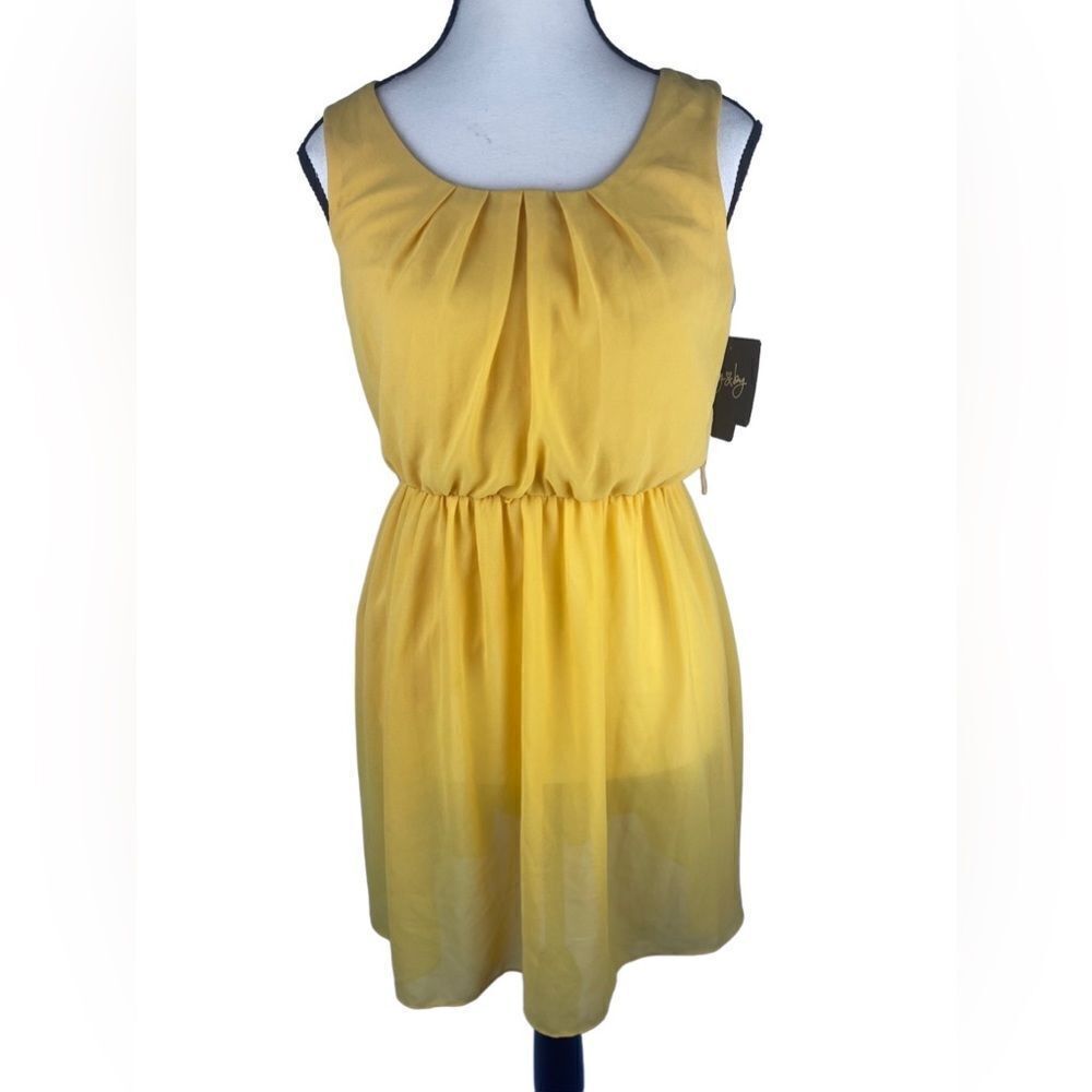 By&By‎ Women Yellow Pleated Scoop Neck Chiffon Sleeveless Lined Sundress Size:XS